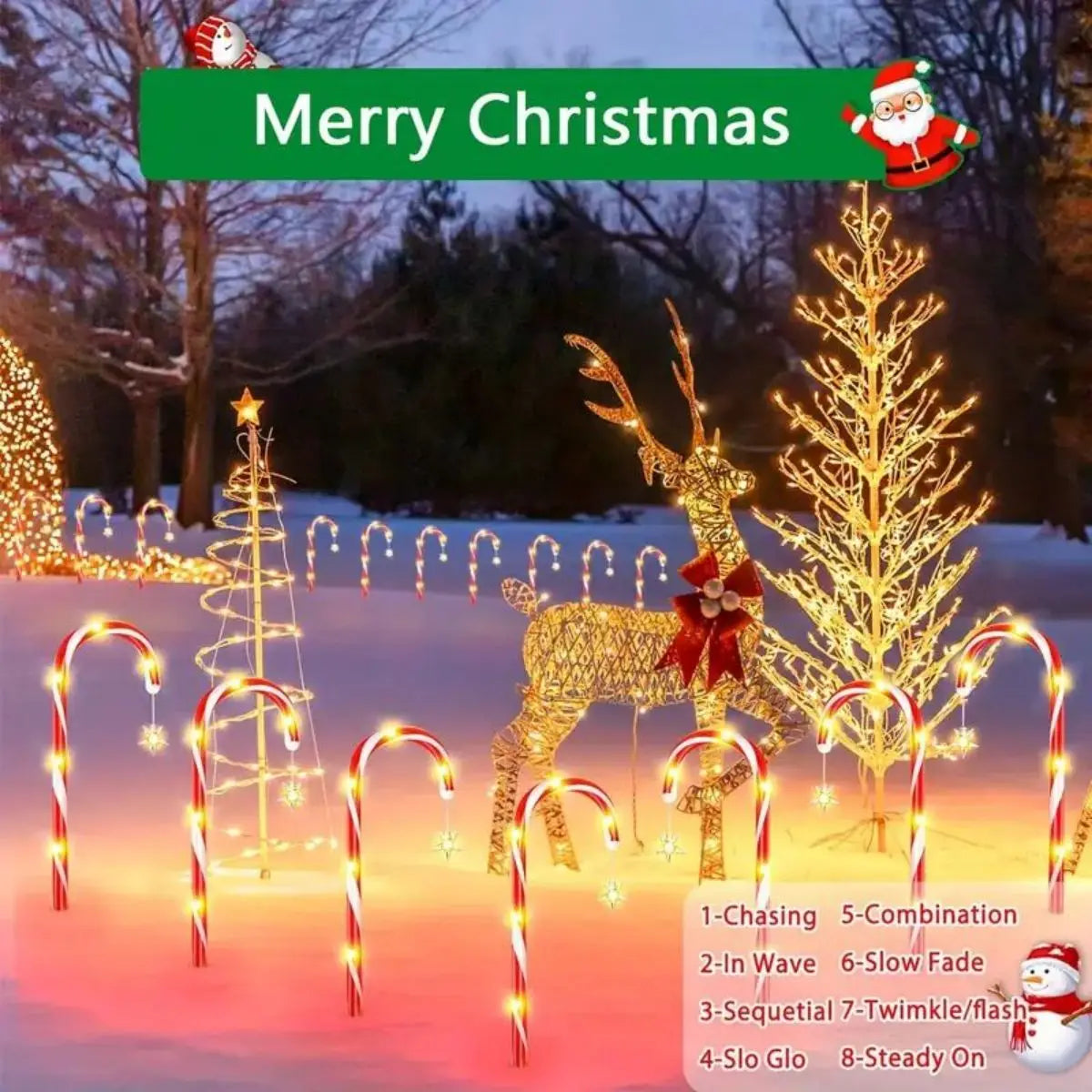 8pcs Solar Candy Cane Garden Lights – Waterproof LED Holiday Pathway Lights with 8 Functions for Christmas & New Year Décor