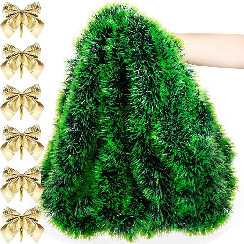 Christmas Bow & Tinsel Ribbon Garland – Green Cane Hanging Ornament for Trees, Wreaths, Parties & Holiday Décor