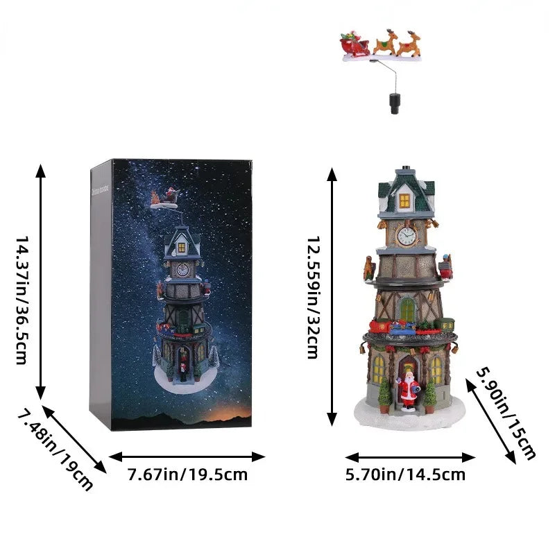 Christmas Tree Music Box Ornament – LED Light‑Up Resin Figurine with Rotating Train, Santa & Deer