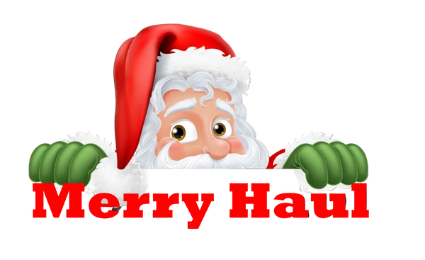 A festive graphic featuring a cartoon Santa Claus peeking over a black banner with the words 'Merry Haul' in bold red text. The Santa hat is red and white, and his hands are green.