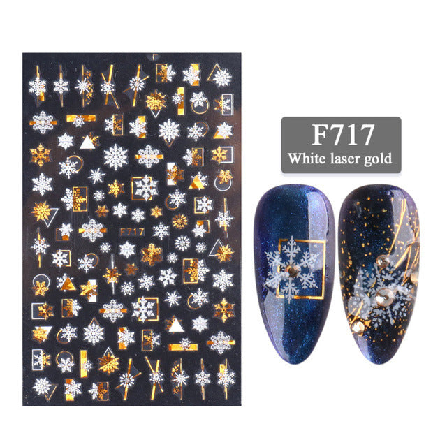 3D Christmas Nail Stickers – White & Laser Gold Festive Holiday Nail Art Decals (1 Sheet)