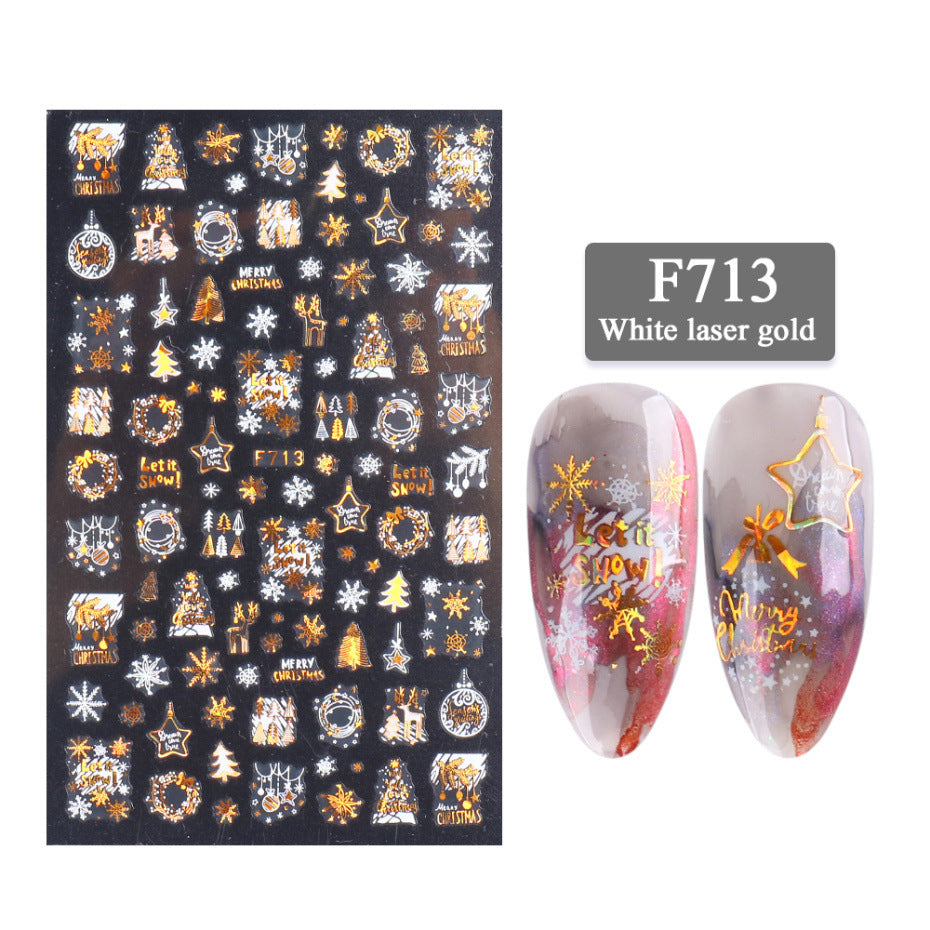 3D Christmas Nail Stickers – White & Laser Gold Festive Holiday Nail Art Decals (1 Sheet)