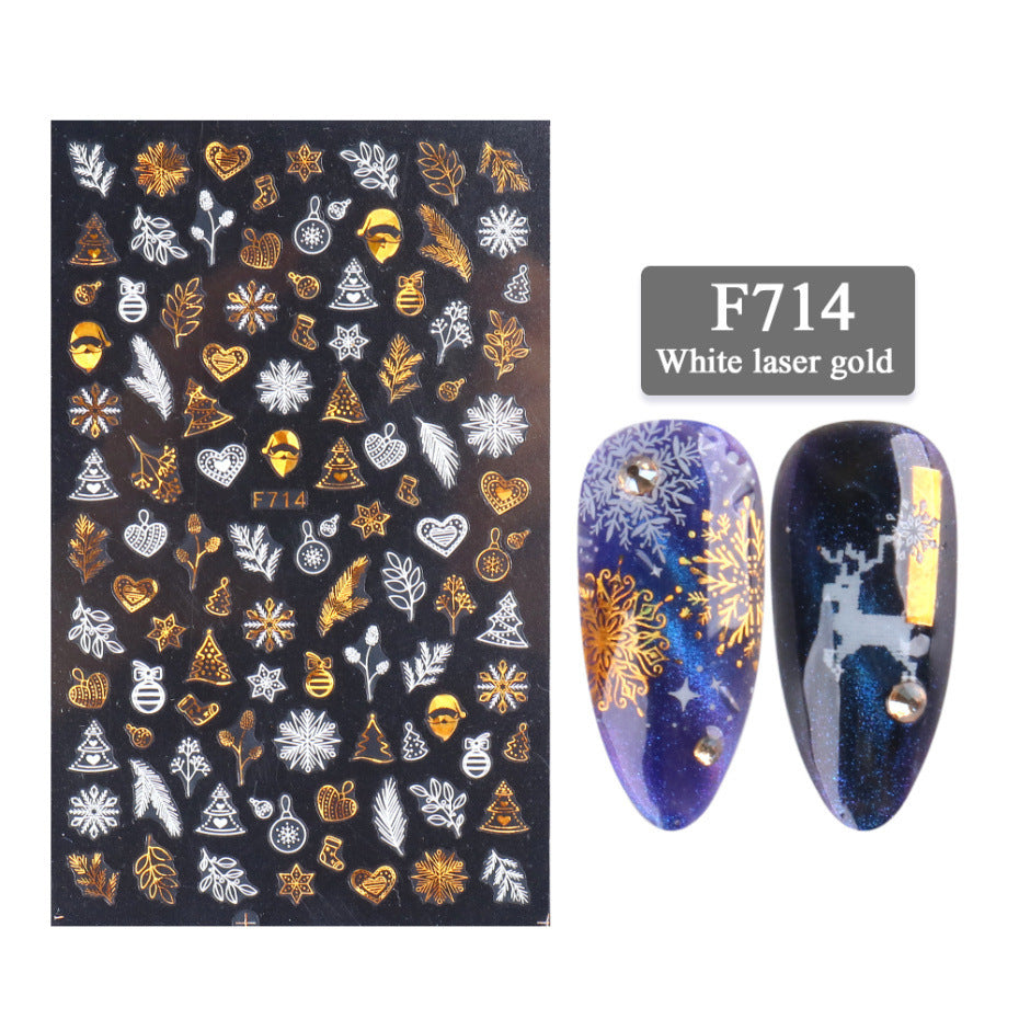 3D Christmas Nail Stickers – White & Laser Gold Festive Holiday Nail Art Decals (1 Sheet)