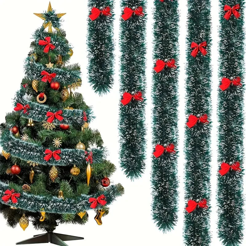 Christmas Bow & Tinsel Ribbon Garland – Green Cane Hanging Ornament for Trees, Wreaths, Parties & Holiday Décor