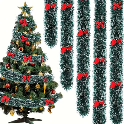 Christmas Bow & Tinsel Ribbon Garland – Green Cane Hanging Ornament for Trees, Wreaths, Parties & Holiday Décor