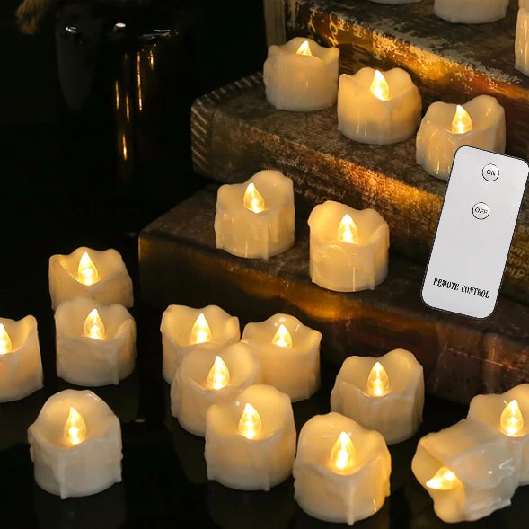 Drip Wax LED Tea Light Candles – Flameless 12/24-Pack with Remote & Auto Timer for Christmas, Halloween & Home Décor