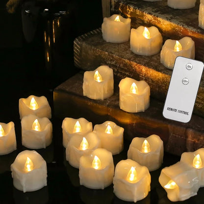 Drip Wax LED Tea Light Candles – Flameless 12/24-Pack with Remote & Auto Timer for Christmas, Halloween & Home Décor