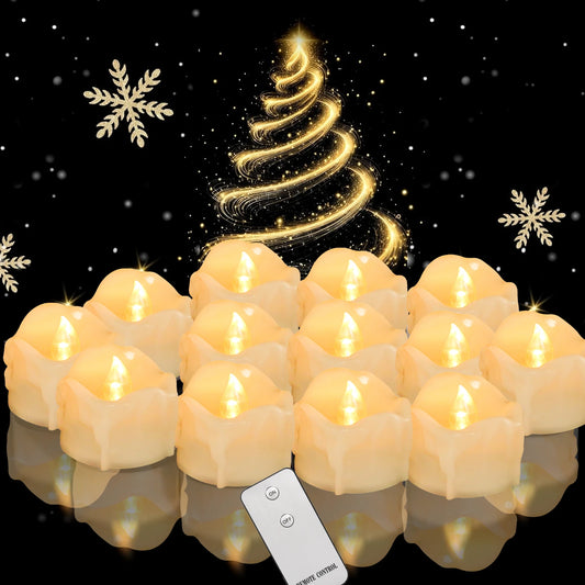 Drip Wax LED Tea Light Candles – Flameless 12/24-Pack with Remote & Auto Timer for Christmas, Halloween & Home Décor