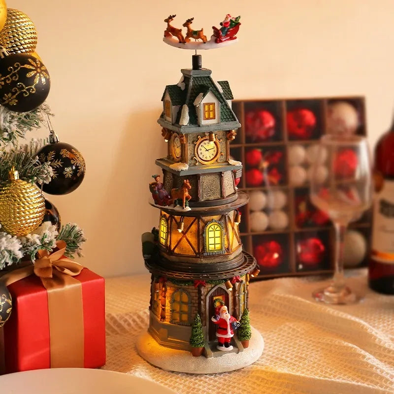 Christmas Tree Music Box Ornament – LED Light‑Up Resin Figurine with Rotating Train, Santa & Deer