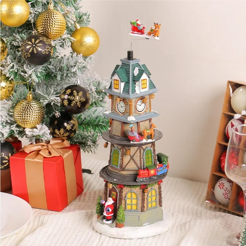 Christmas Tree Music Box Ornament – LED Light‑Up Resin Figurine with Rotating Train, Santa & Deer