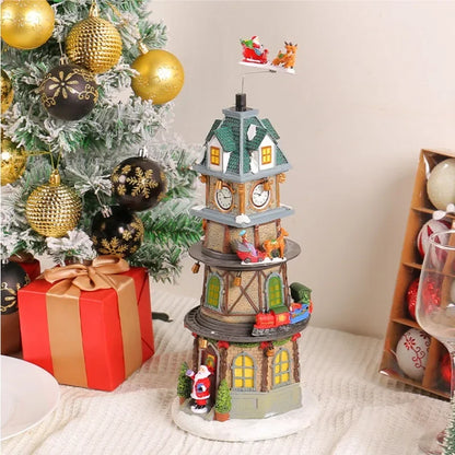 Christmas Tree Music Box Ornament – LED Light‑Up Resin Figurine with Rotating Train, Santa & Deer