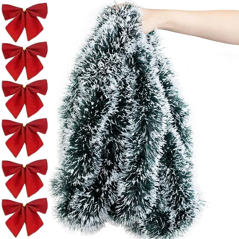 Christmas Bow & Tinsel Ribbon Garland – Green Cane Hanging Ornament for Trees, Wreaths, Parties & Holiday Décor