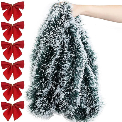 Christmas Bow & Tinsel Ribbon Garland – Green Cane Hanging Ornament for Trees, Wreaths, Parties & Holiday Décor