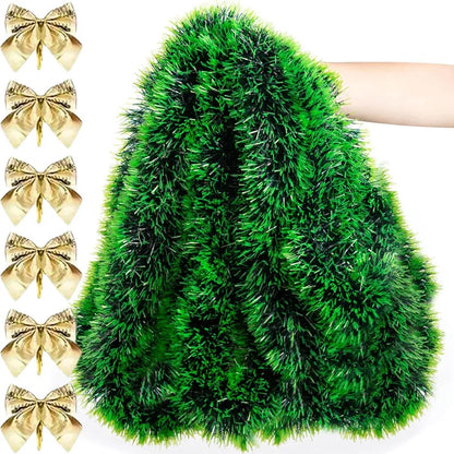Christmas Bow & Tinsel Ribbon Garland – Green Cane Hanging Ornament for Trees, Wreaths, Parties & Holiday Décor