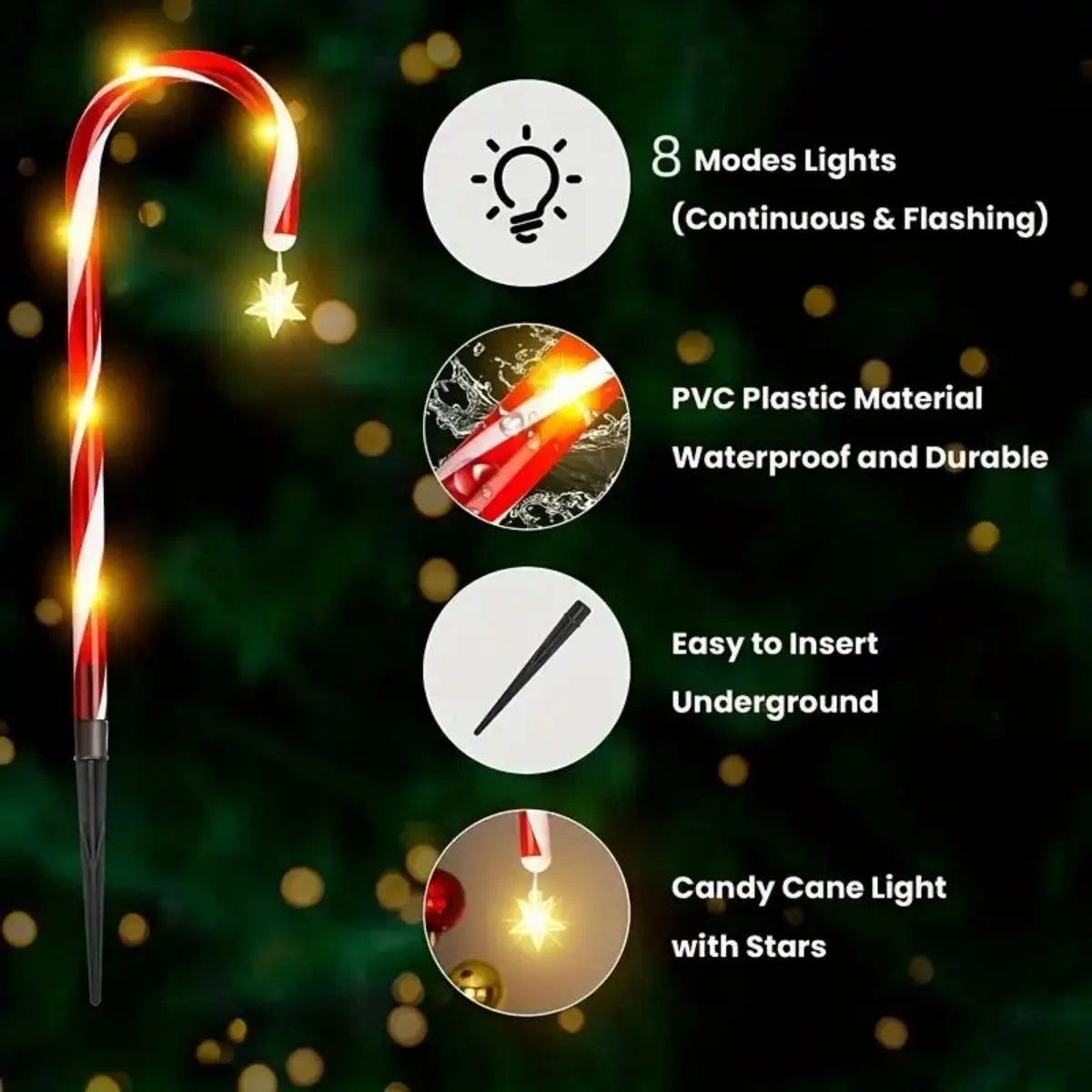8pcs Solar Candy Cane Garden Lights – Waterproof LED Holiday Pathway Lights with 8 Functions for Christmas & New Year Décor