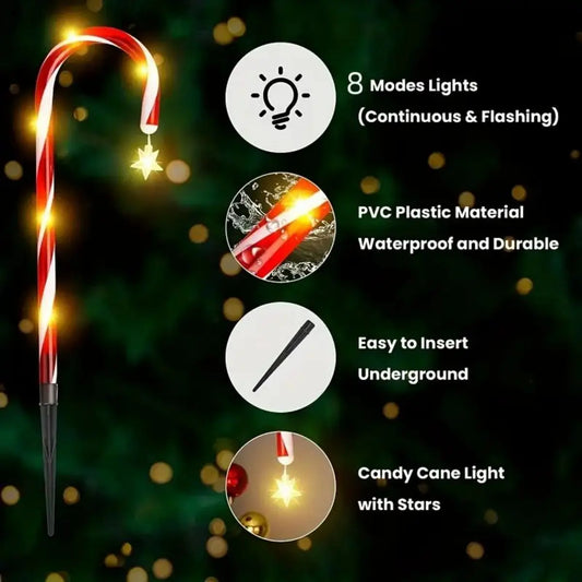 8pcs Solar Candy Cane Garden Lights – Waterproof LED Holiday Pathway Lights with 8 Functions for Christmas & New Year Décor