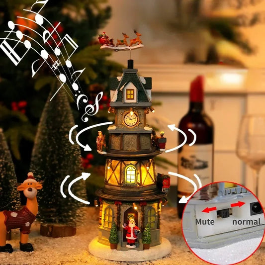 Christmas Tree Music Box Ornament – LED Light‑Up Resin Figurine with Rotating Train, Santa & Deer