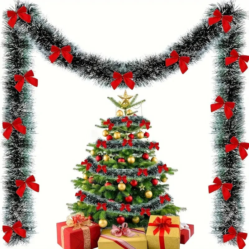Christmas Bow & Tinsel Ribbon Garland – Green Cane Hanging Ornament for Trees, Wreaths, Parties & Holiday Décor