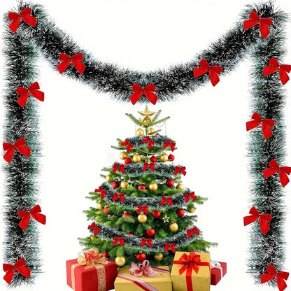 Christmas Bow & Tinsel Ribbon Garland – Green Cane Hanging Ornament for Trees, Wreaths, Parties & Holiday Décor