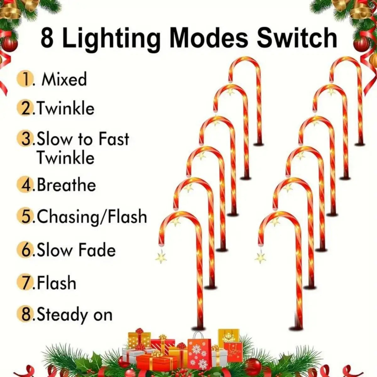 8pcs Solar Candy Cane Garden Lights – Waterproof LED Holiday Pathway Lights with 8 Functions for Christmas & New Year Décor