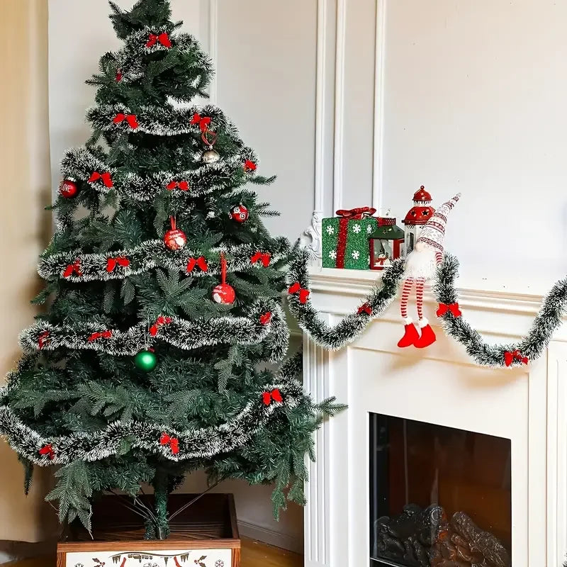 Christmas Bow & Tinsel Ribbon Garland – Green Cane Hanging Ornament for Trees, Wreaths, Parties & Holiday Décor