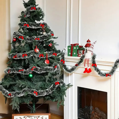 Christmas Bow & Tinsel Ribbon Garland – Green Cane Hanging Ornament for Trees, Wreaths, Parties & Holiday Décor