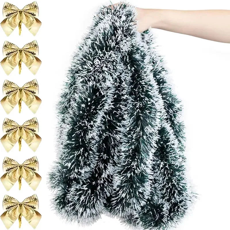 Christmas Bow & Tinsel Ribbon Garland – Green Cane Hanging Ornament for Trees, Wreaths, Parties & Holiday Décor