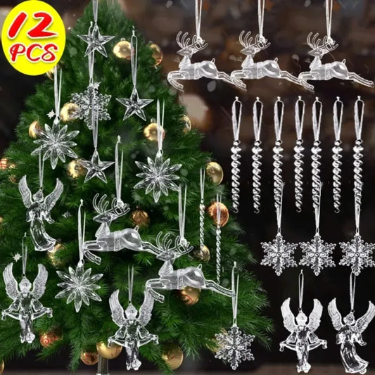 2/12‑Piece Acrylic Snowflake & Icicle Ornaments – Crystal Clear Christmas Tree Pendants for Holiday & Winter Party Décor