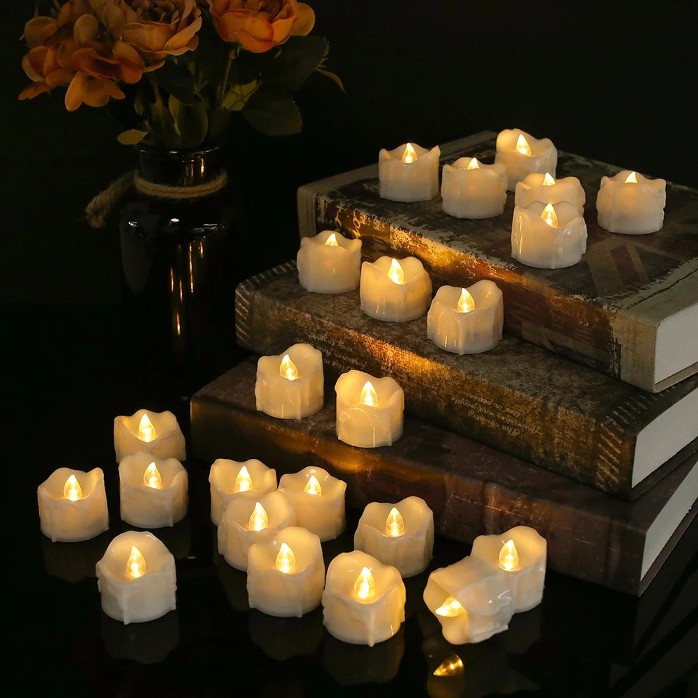 Drip Wax LED Tea Light Candles – Flameless 12/24-Pack with Remote & Auto Timer for Christmas, Halloween & Home Décor