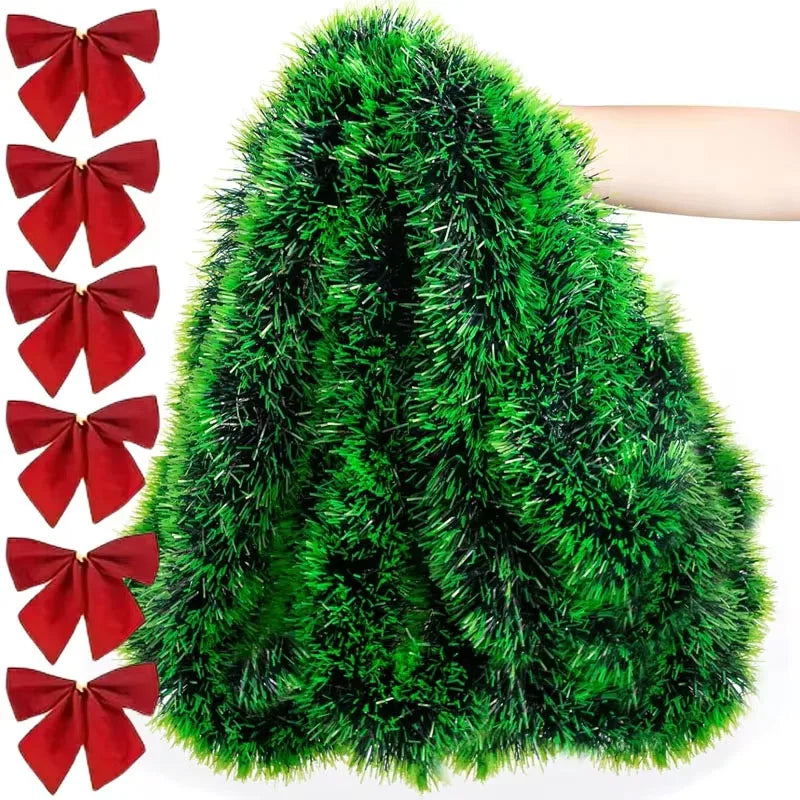 Christmas Bow & Tinsel Ribbon Garland – Green Cane Hanging Ornament for Trees, Wreaths, Parties & Holiday Décor