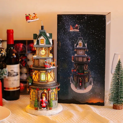 Christmas Tree Music Box Ornament – LED Light‑Up Resin Figurine with Rotating Train, Santa & Deer