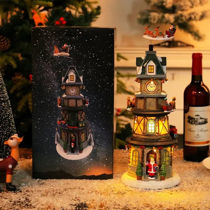 Christmas Tree Music Box Ornament – LED Light‑Up Resin Figurine with Rotating Train, Santa & Deer