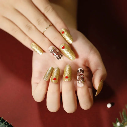 Gold Powder Christmas Fake Nails – Festive Glitter Press‑On Nail Set for Holiday Parties & Winter Glam