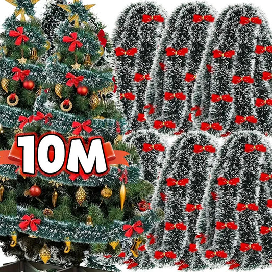 Christmas Bow & Tinsel Ribbon Garland – Green Cane Hanging Ornament for Trees, Wreaths, Parties & Holiday Décor