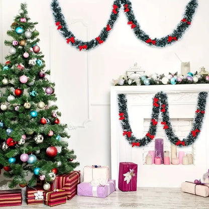 Christmas Bow & Tinsel Ribbon Garland – Green Cane Hanging Ornament for Trees, Wreaths, Parties & Holiday Décor