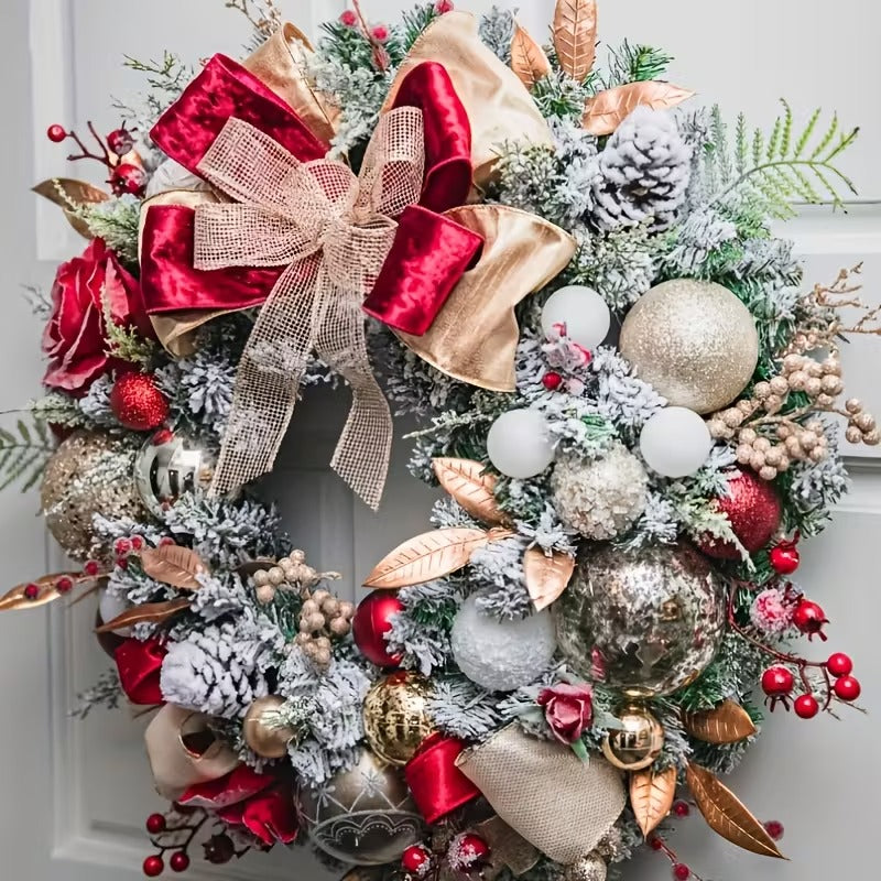 Red & Gold Christmas Wreath – Festive Holiday Door Decoration with Berries, Ribbon & Ornaments